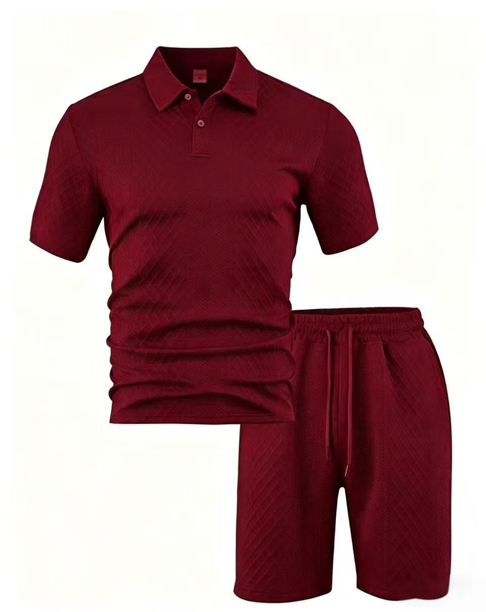 Men’s Diamond Pattern Turn-Down Collar Short Sleeve Top & Drawstring Shorts 2-Piece Set