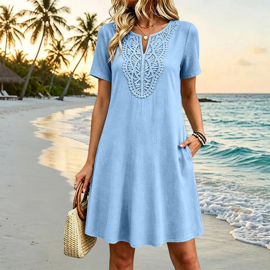 Cotton Dress with Front Embroidery & Loose Fit / Delicacy That Highlights Every Detail