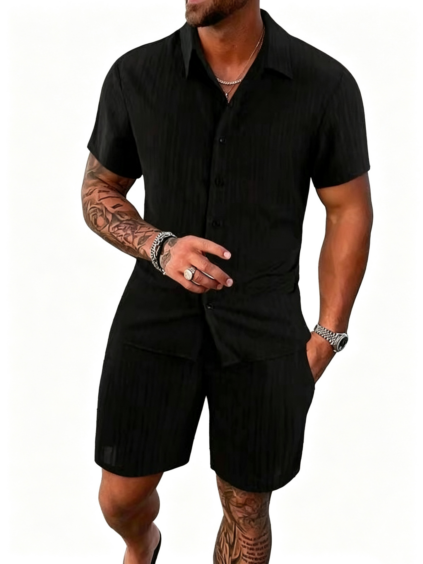 Casual Vertical Texture Short Sleeve Set For Men ☀️