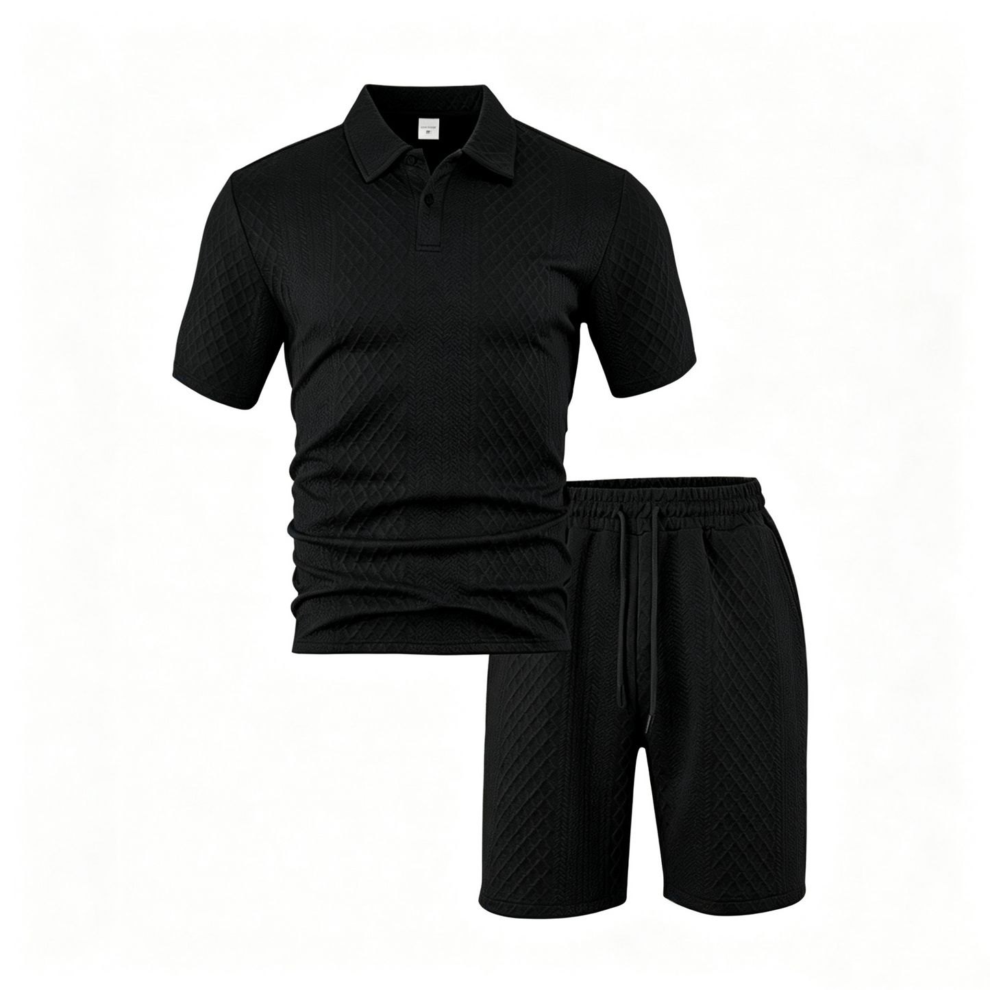 Men’s Diamond Pattern Turn-Down Collar Short Sleeve Top & Drawstring Shorts 2-Piece Set