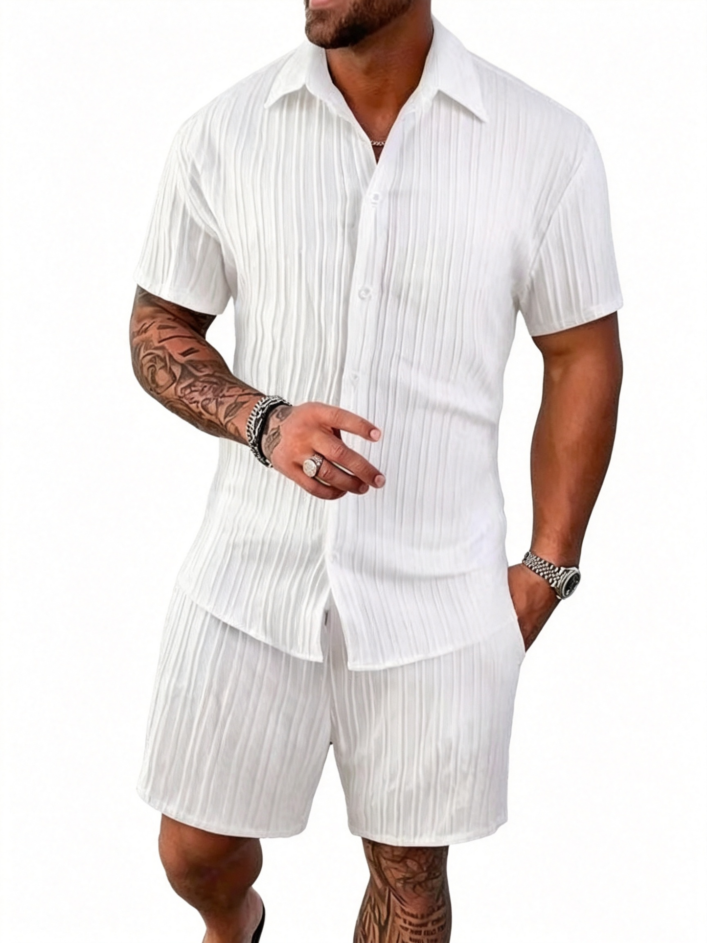 Casual Vertical Texture Short Sleeve Set For Men ☀️