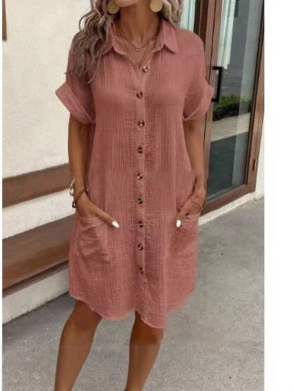 Women's Button Down Linen Short Sleeve Shirt Dress With Pockets