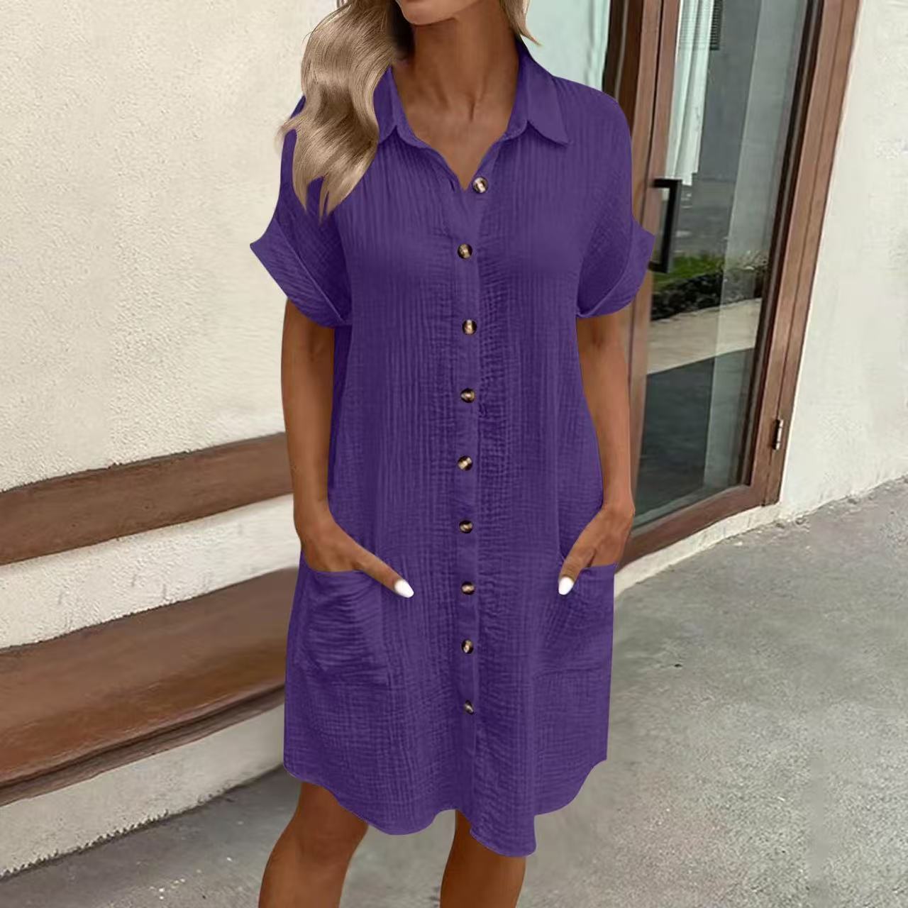 Women's Button Down Linen Short Sleeve Shirt Dress With Pockets