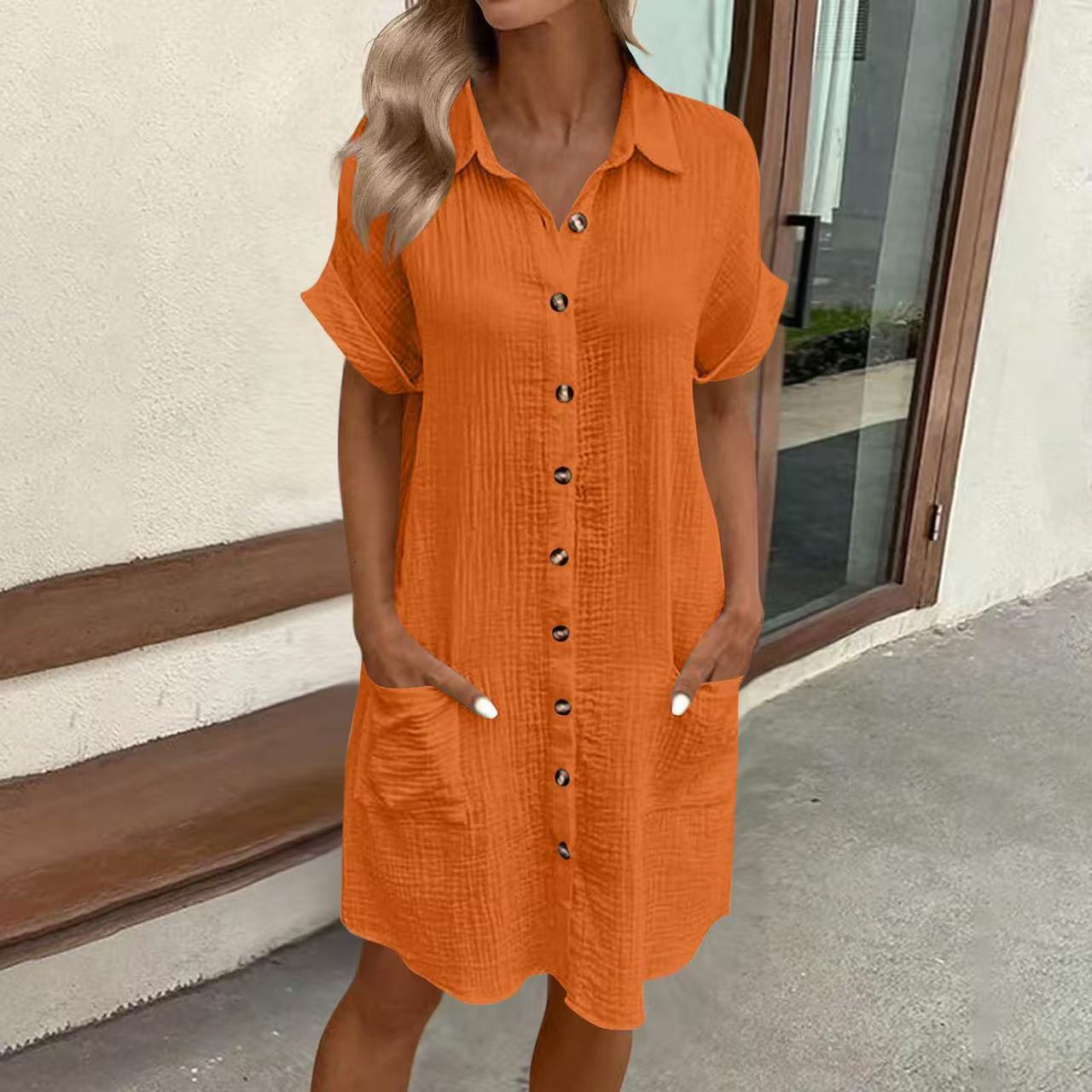 Women's Button Down Linen Short Sleeve Shirt Dress With Pockets