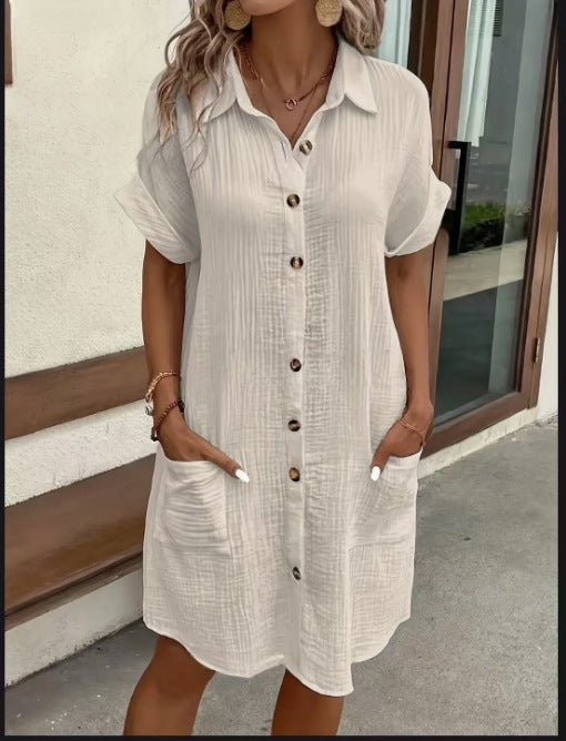 Women's Button Down Linen Short Sleeve Shirt Dress With Pockets