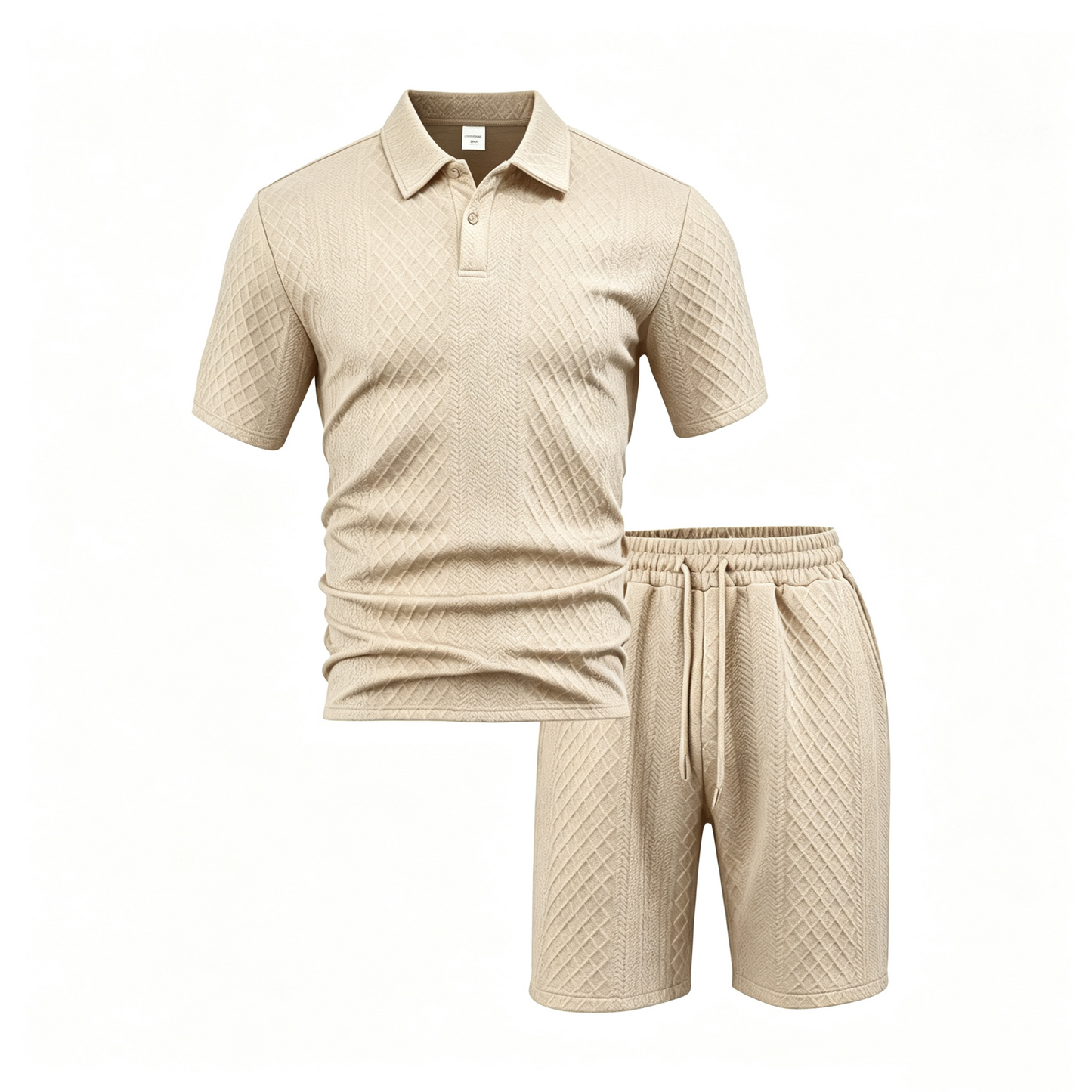 Men’s Diamond Pattern Turn-Down Collar Short Sleeve Top & Drawstring Shorts 2-Piece Set