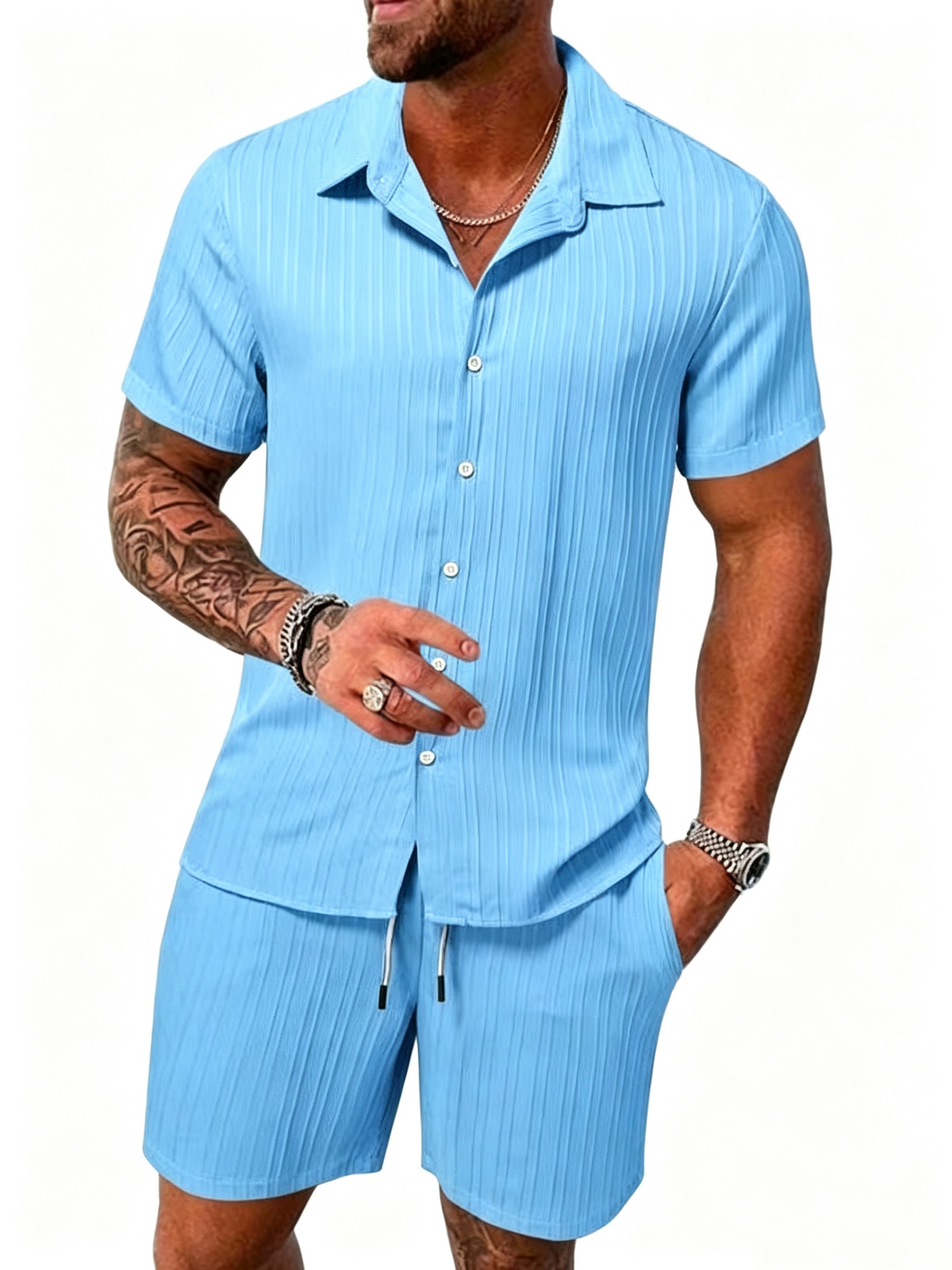Casual Vertical Texture Short Sleeve Set For Men ☀️