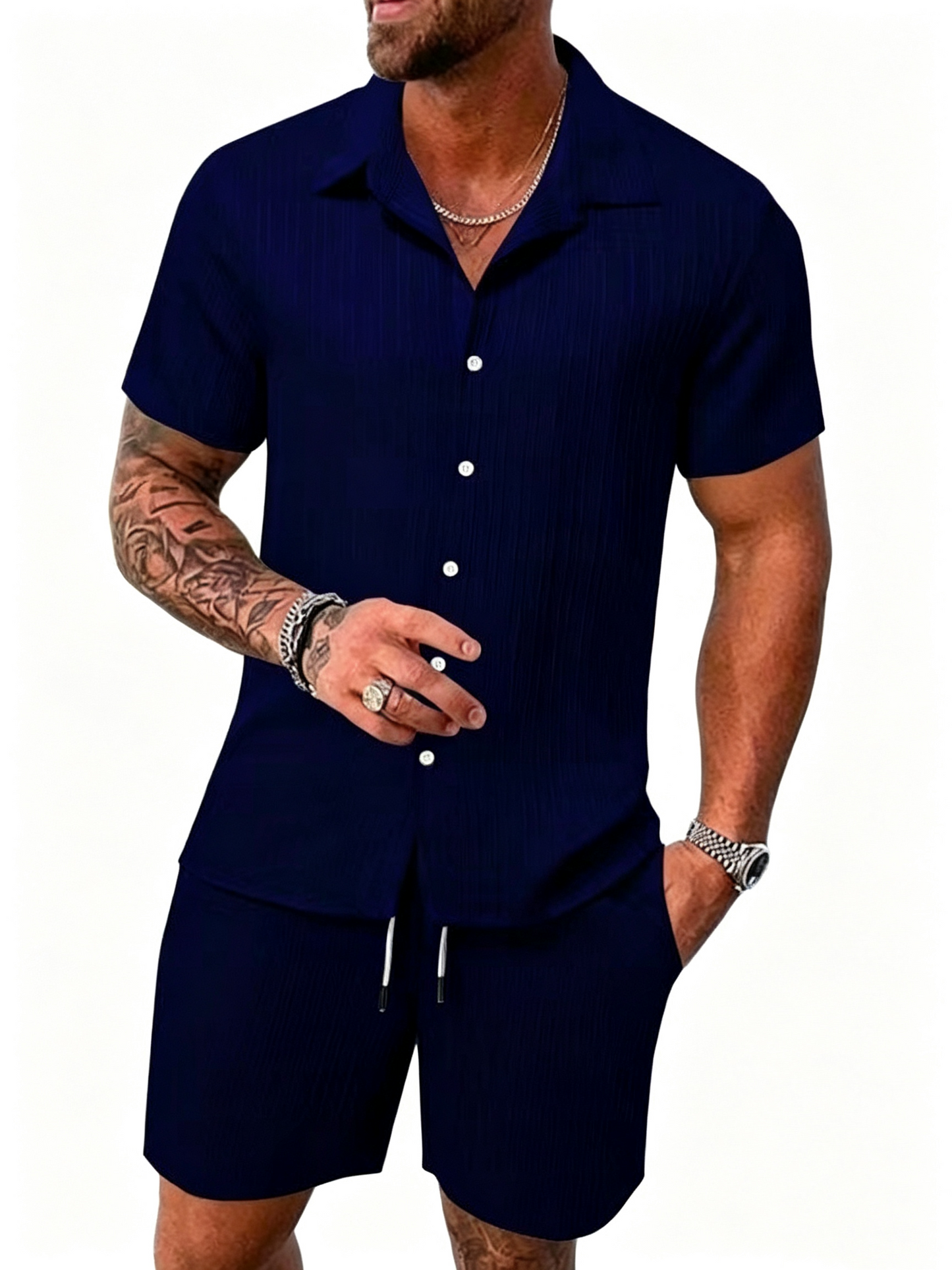 Casual Vertical Texture Short Sleeve Set For Men ☀️