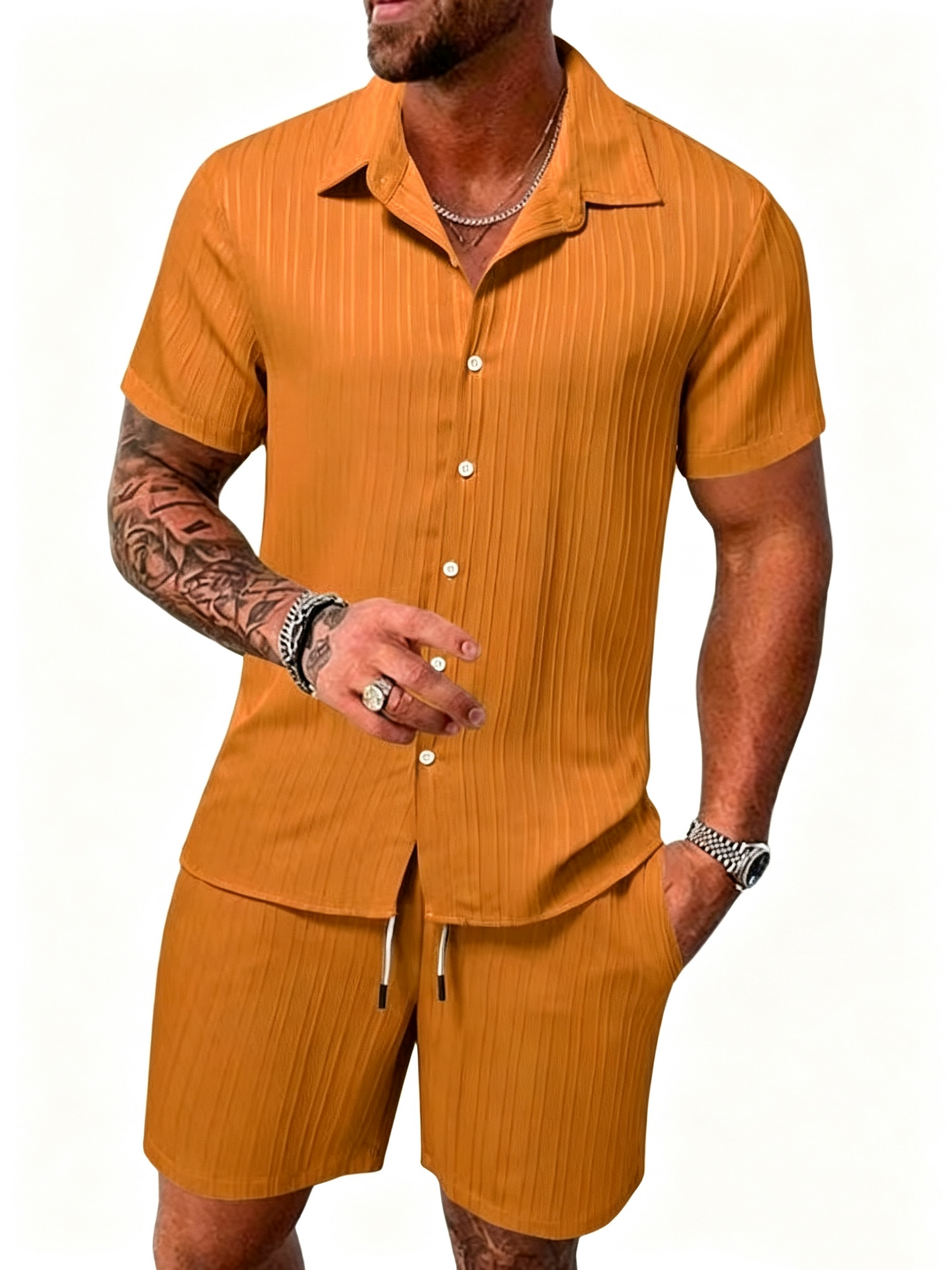 Casual Vertical Texture Short Sleeve Set For Men ☀️