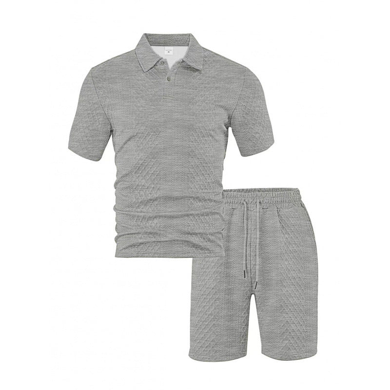 Men’s Diamond Pattern Turn-Down Collar Short Sleeve Top & Drawstring Shorts 2-Piece Set