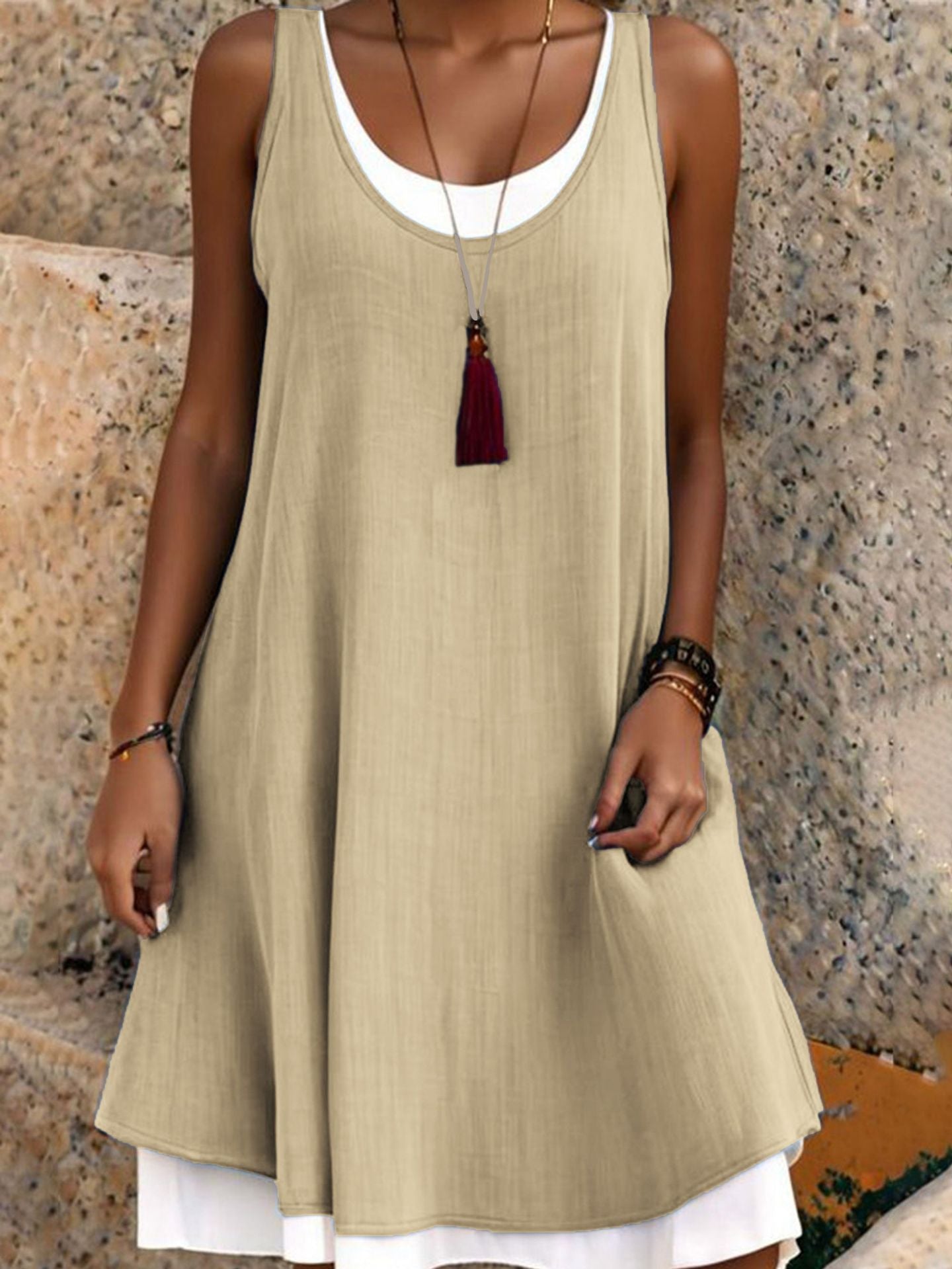 💃Women's Casual Loose Sleeveless Fake Two Piece Tank Dress