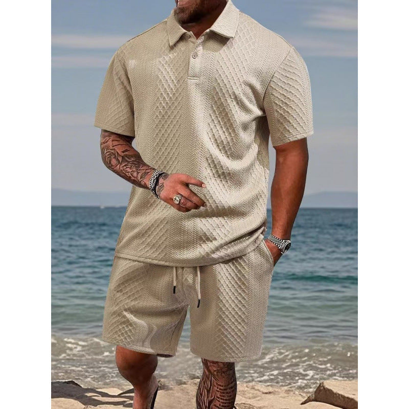 Men’s Diamond Pattern Turn-Down Collar Short Sleeve Top & Drawstring Shorts 2-Piece Set