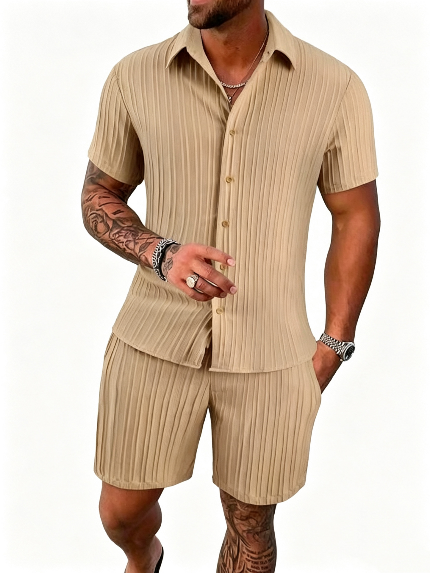 Casual Vertical Texture Short Sleeve Set For Men ☀️