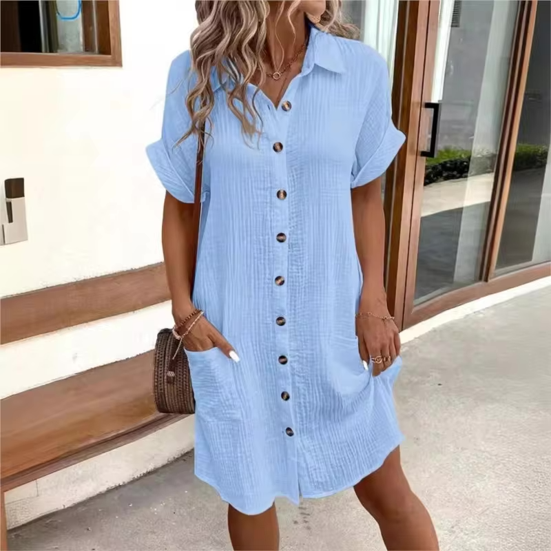 Women's Button Down Linen Short Sleeve Shirt Dress With Pockets