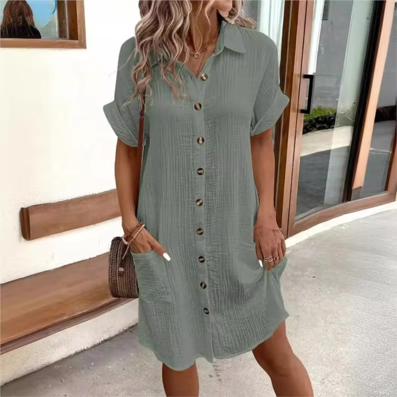 Women's Button Down Linen Short Sleeve Shirt Dress With Pockets