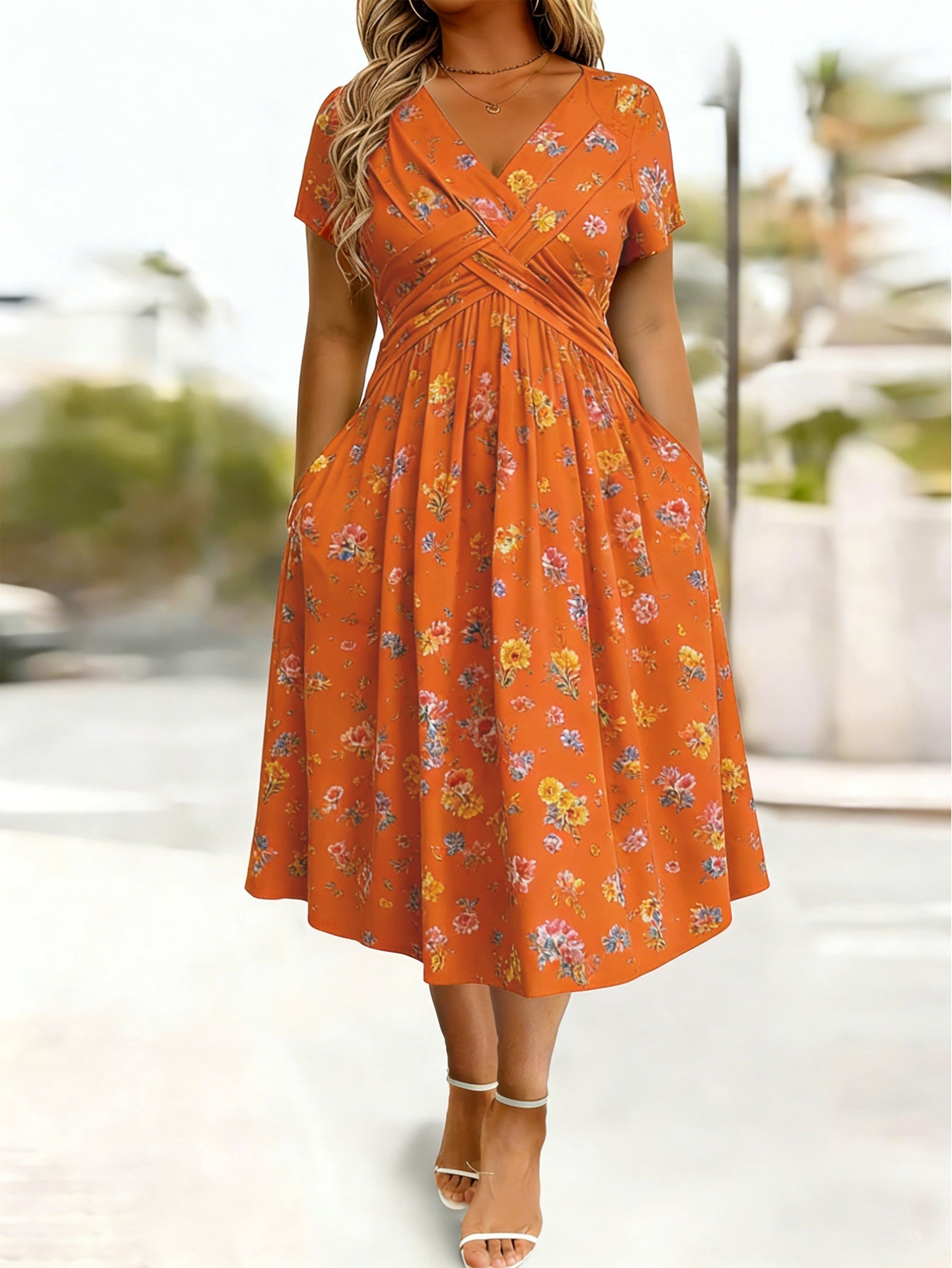 🔥Women's V-Neck Floral Print Dress with Twist Waist