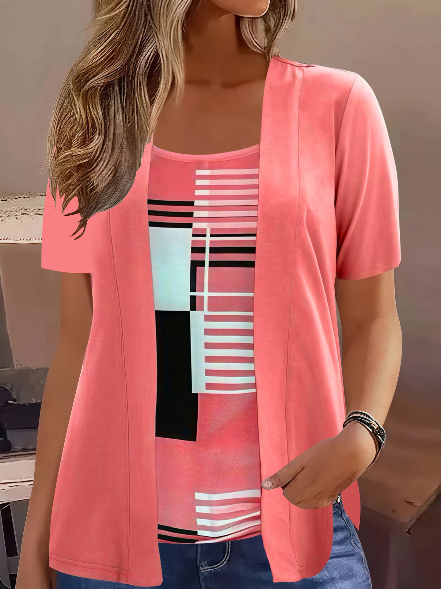 Women's Color-Block Fake Two Piece Top