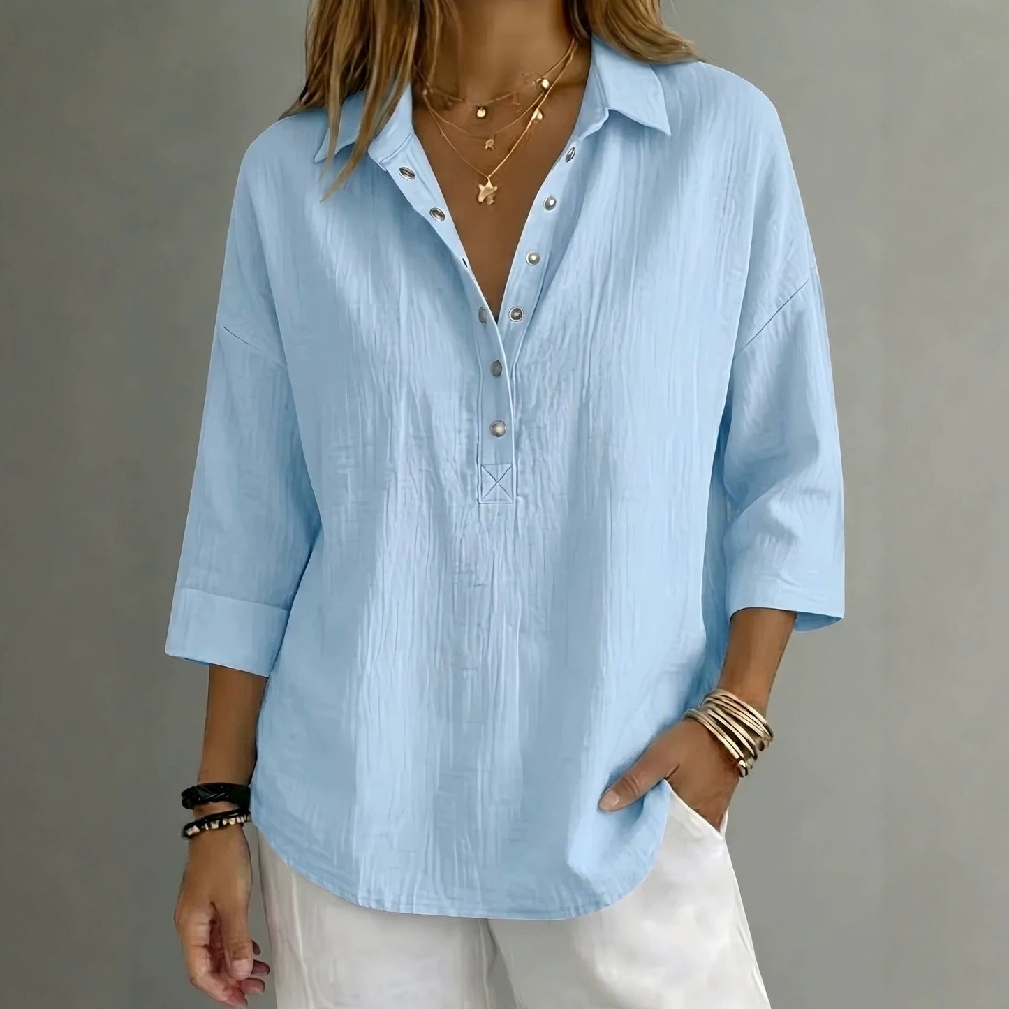 New Arrival🔥 Women's Casual Linen Blend Henley 3/4 Sleeve Shirt