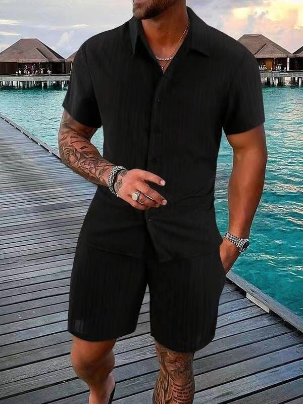 Casual Vertical Texture Short Sleeve Set For Men ☀️