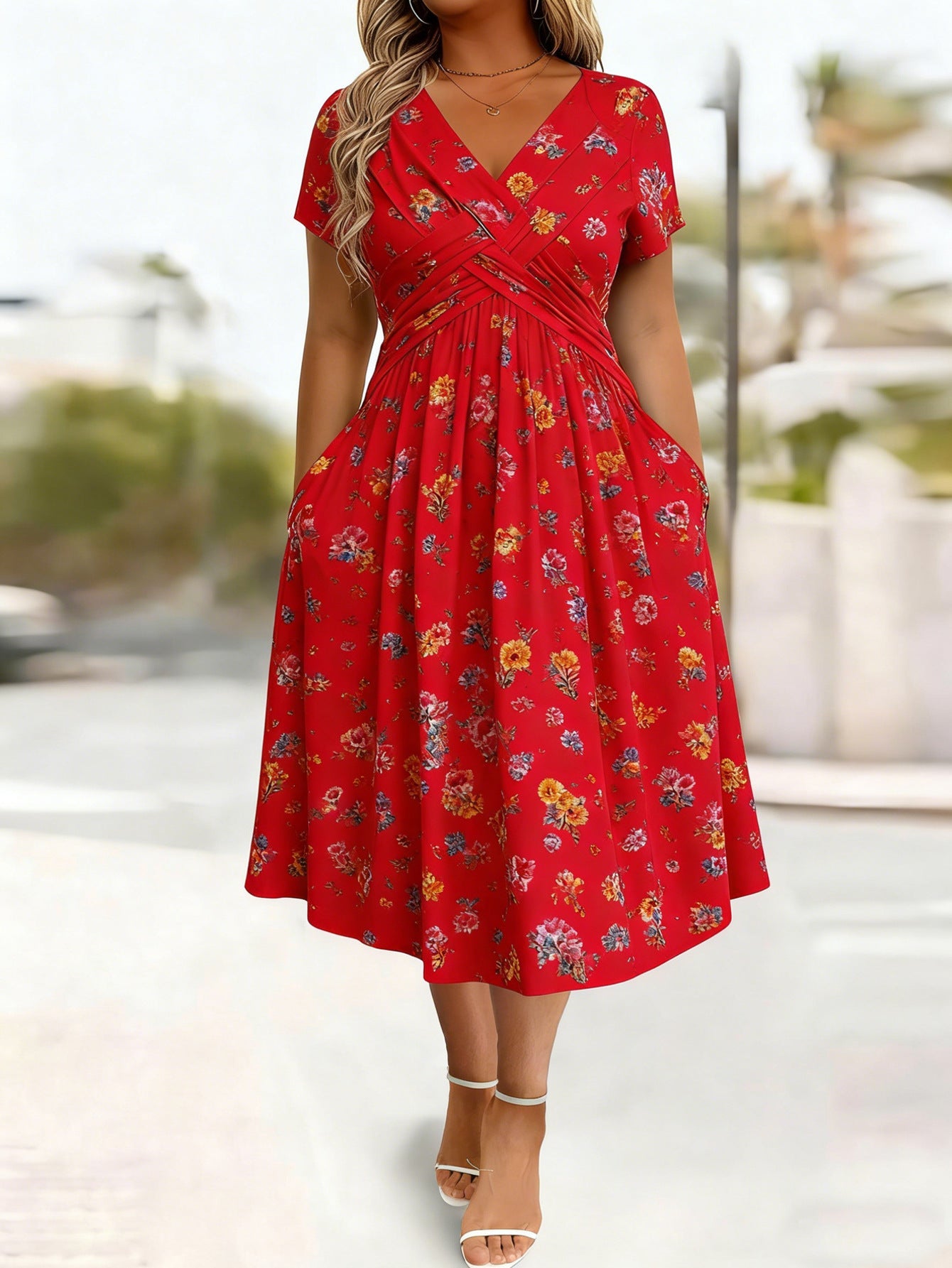 🔥Women's V-Neck Floral Print Dress with Twist Waist