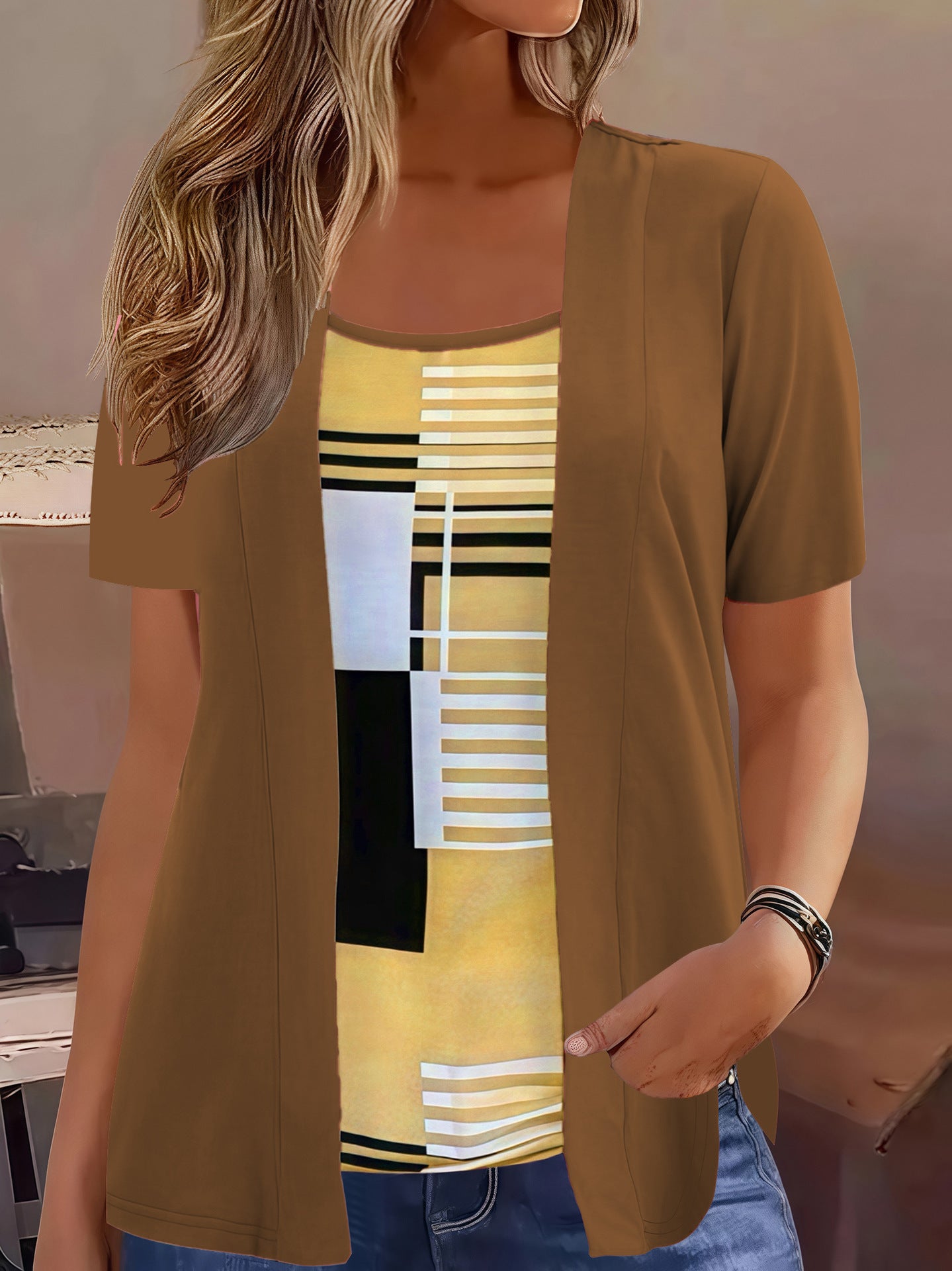 Women's Color-Block Fake Two Piece Top