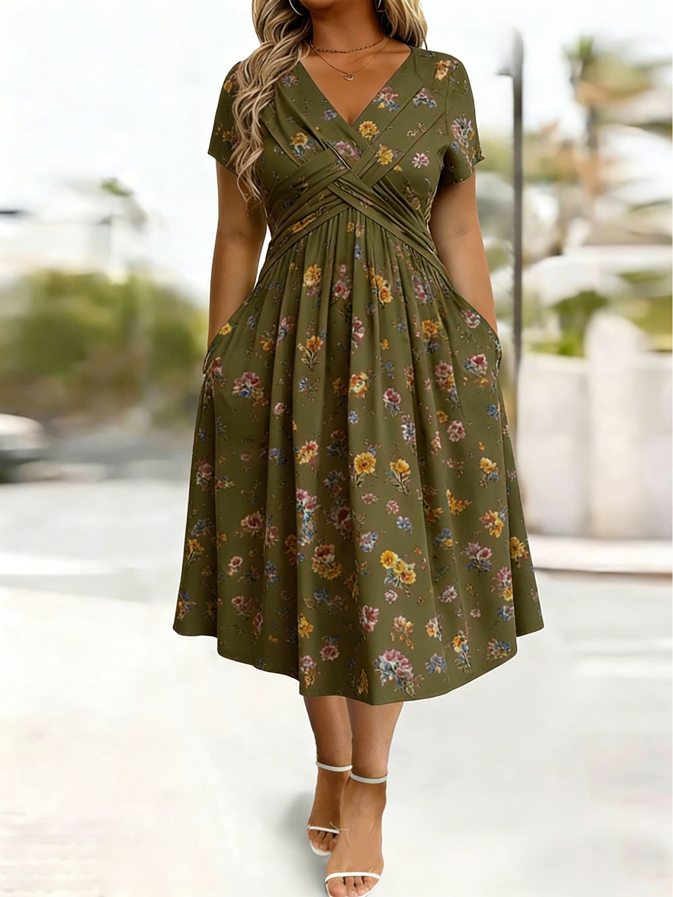 🔥Women's V-Neck Floral Print Dress with Twist Waist
