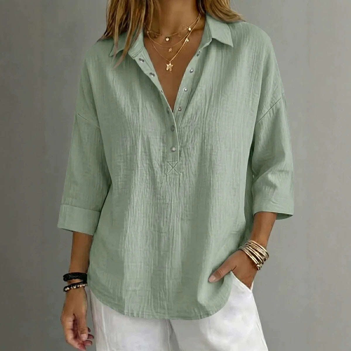 New Arrival🔥 Women's Casual Linen Blend Henley 3/4 Sleeve Shirt