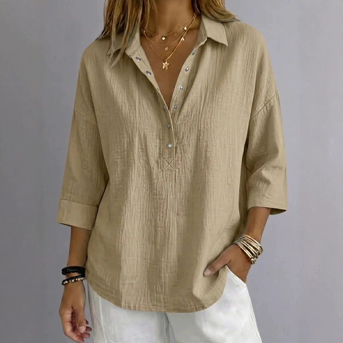New Arrival🔥 Women's Casual Linen Blend Henley 3/4 Sleeve Shirt