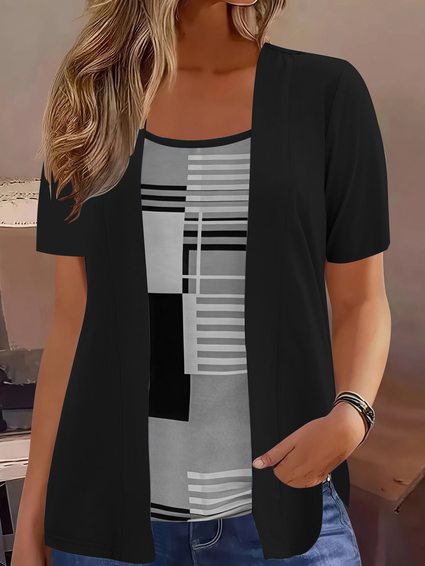 Women's Color-Block Fake Two Piece Top