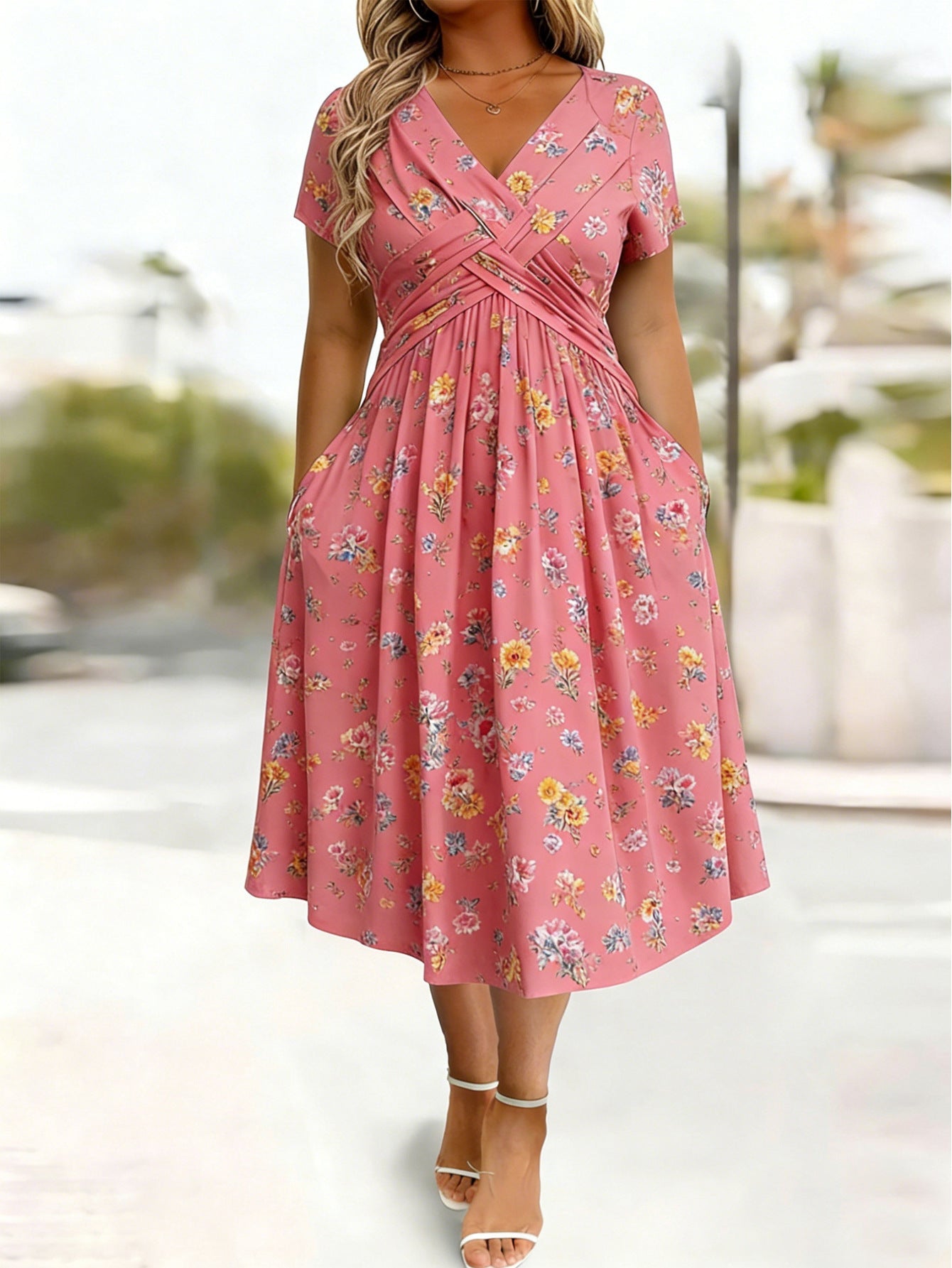 🔥Women's V-Neck Floral Print Dress with Twist Waist