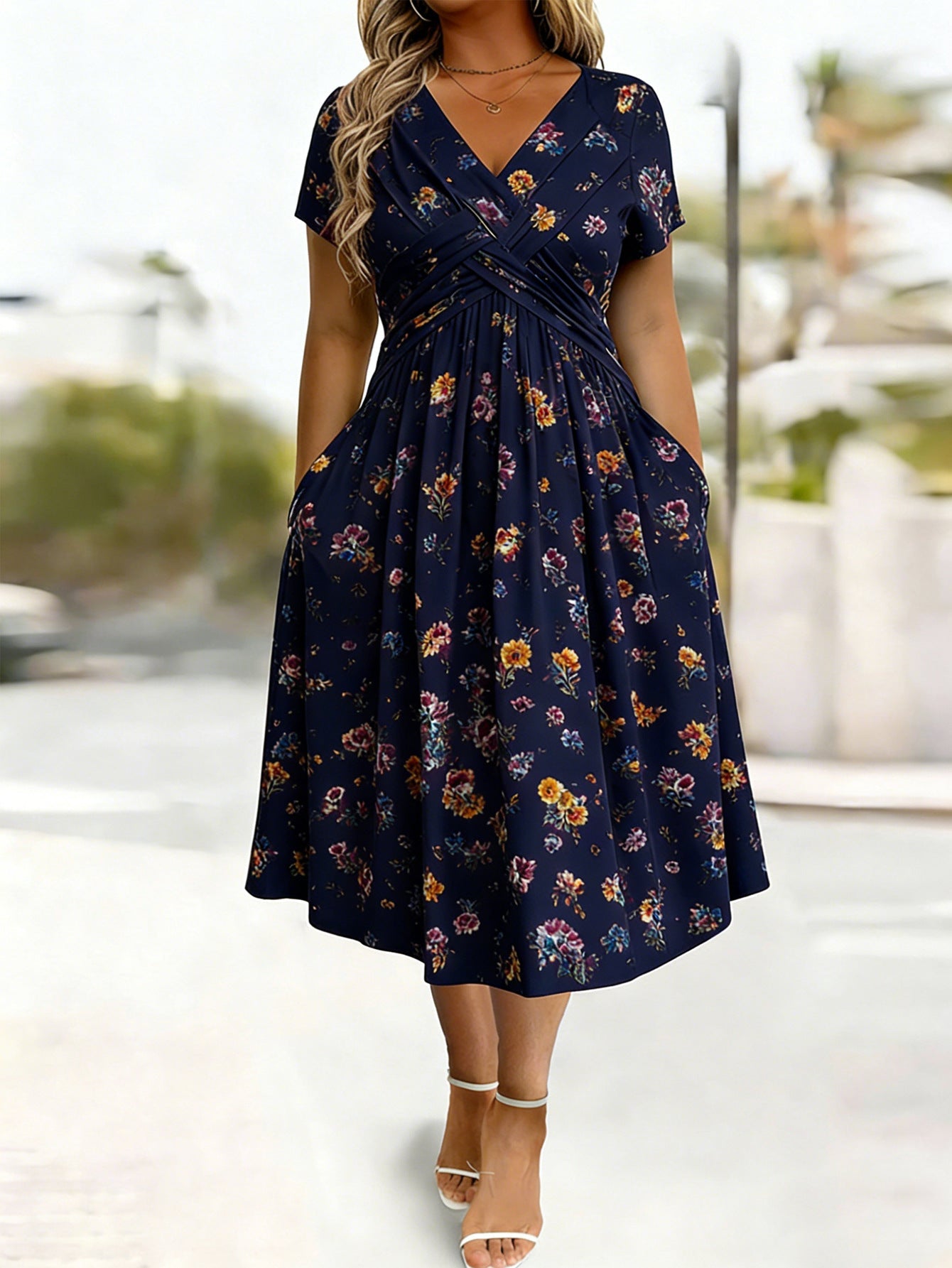 🔥Women's V-Neck Floral Print Dress with Twist Waist