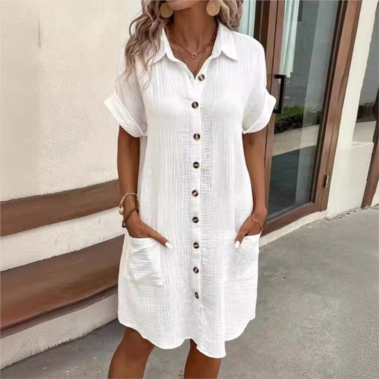 Women's Button Down Linen Short Sleeve Shirt Dress With Pockets