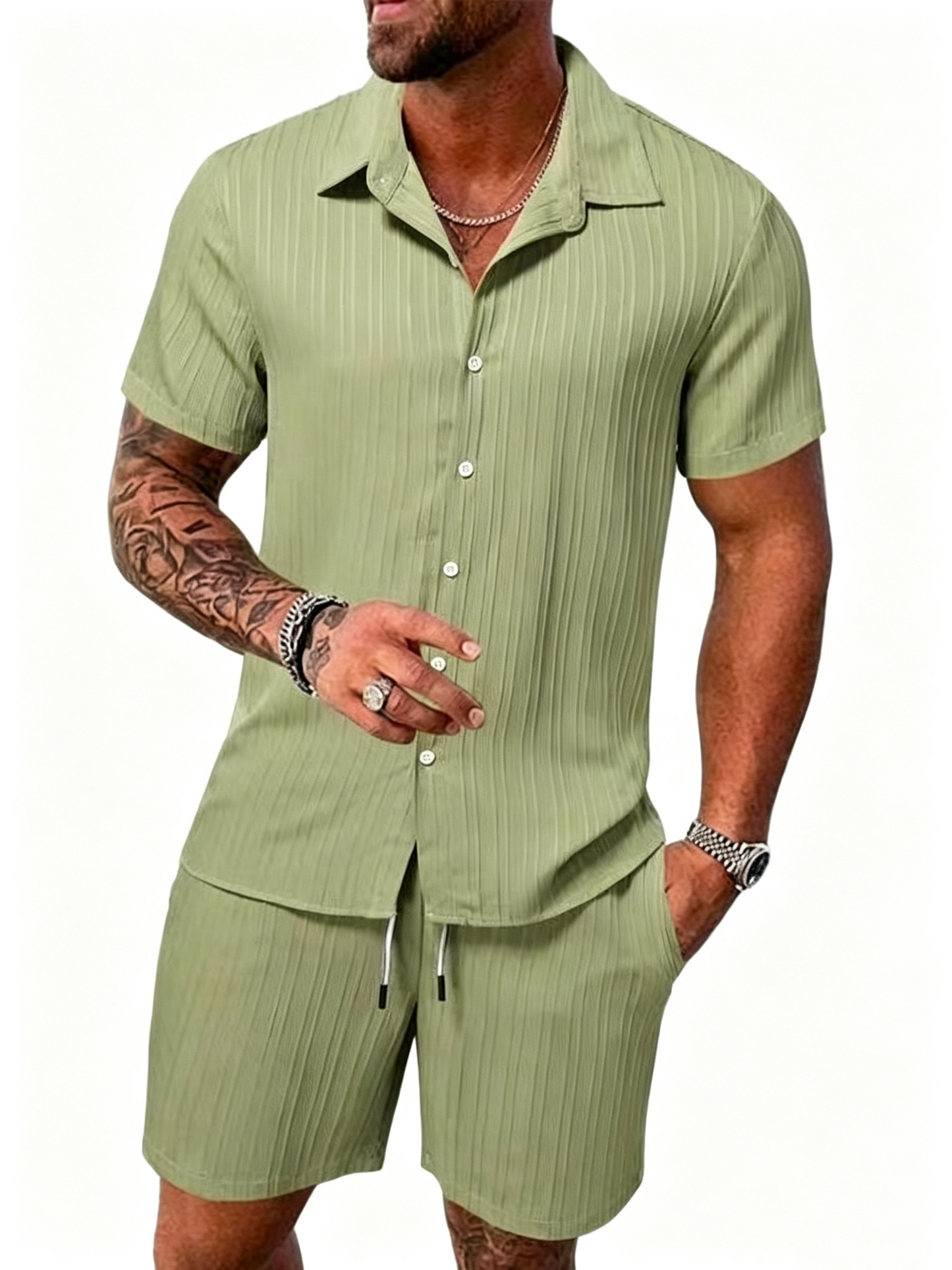 Casual Vertical Texture Short Sleeve Set For Men ☀️