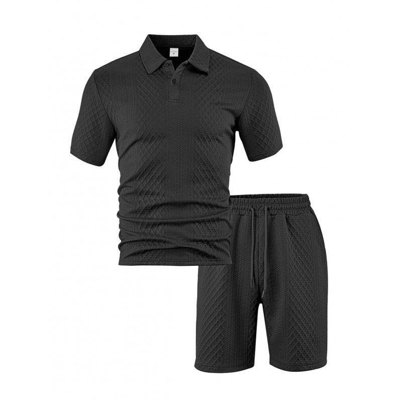 Men’s Diamond Pattern Turn-Down Collar Short Sleeve Top & Drawstring Shorts 2-Piece Set
