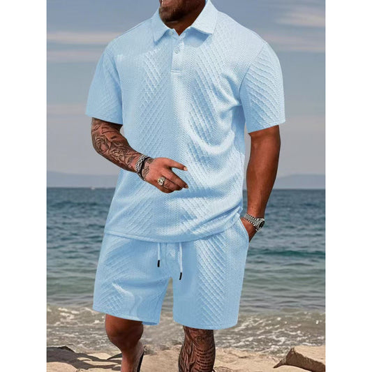 Men’s Diamond Pattern Turn-Down Collar Short Sleeve Top & Drawstring Shorts 2-Piece Set