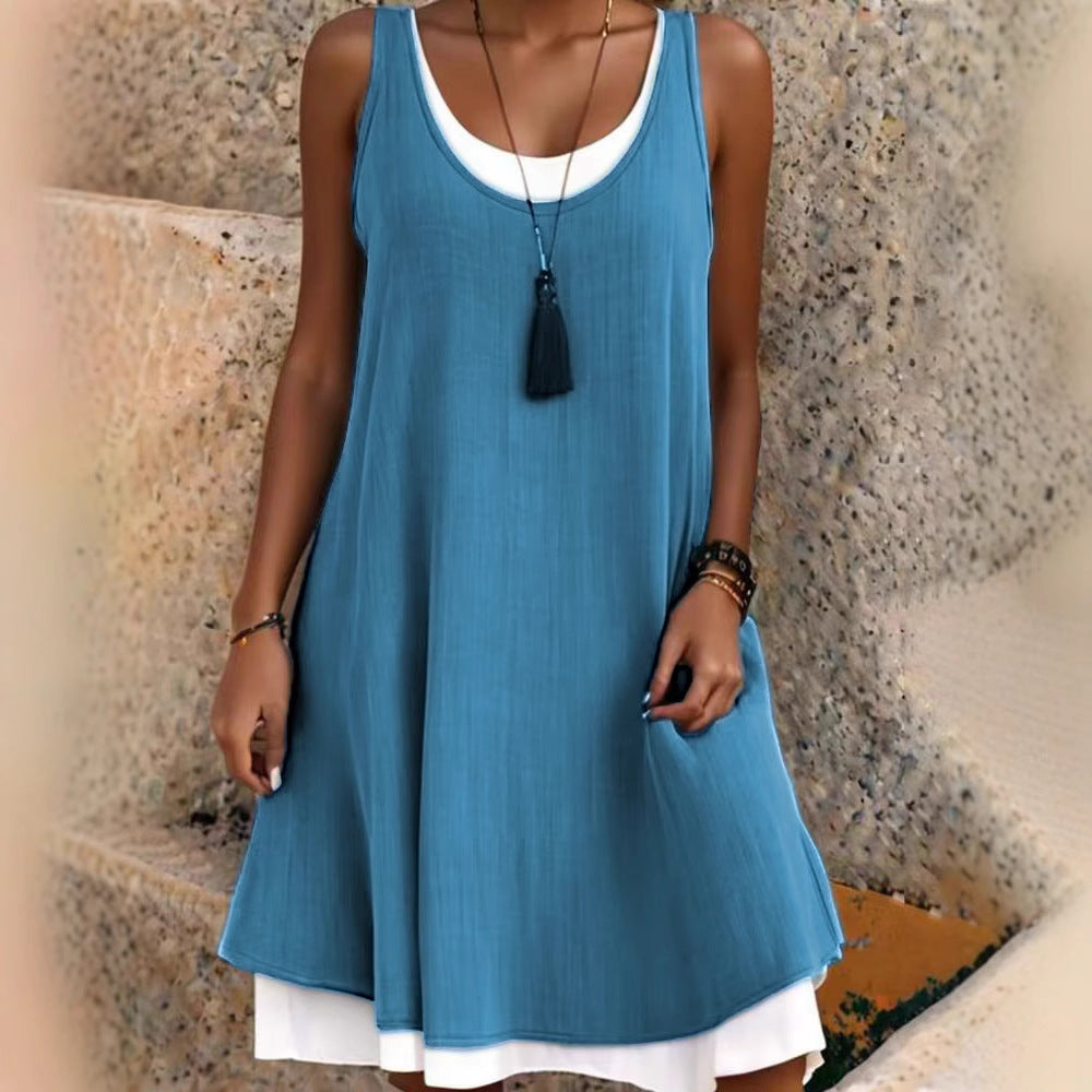 💃Women's Casual Loose Sleeveless Fake Two Piece Tank Dress