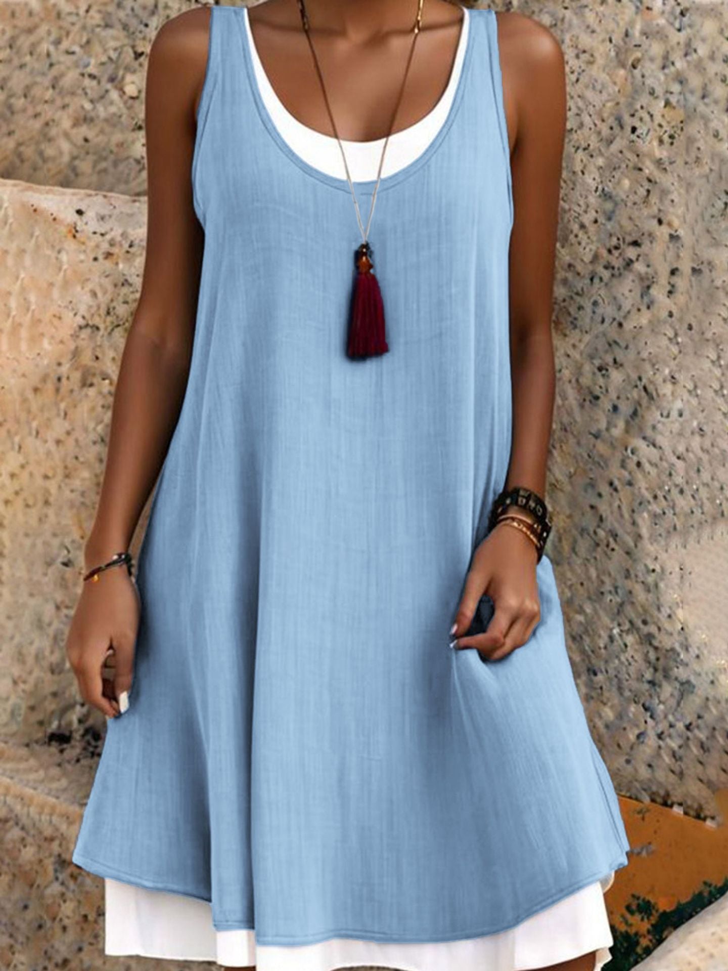 💃Women's Casual Loose Sleeveless Fake Two Piece Tank Dress