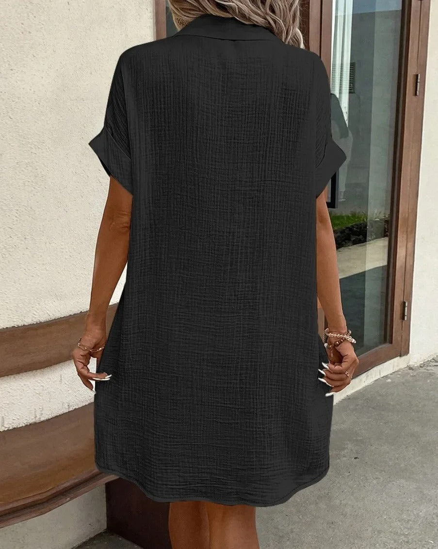 Women's Button Down Linen Short Sleeve Shirt Dress With Pockets