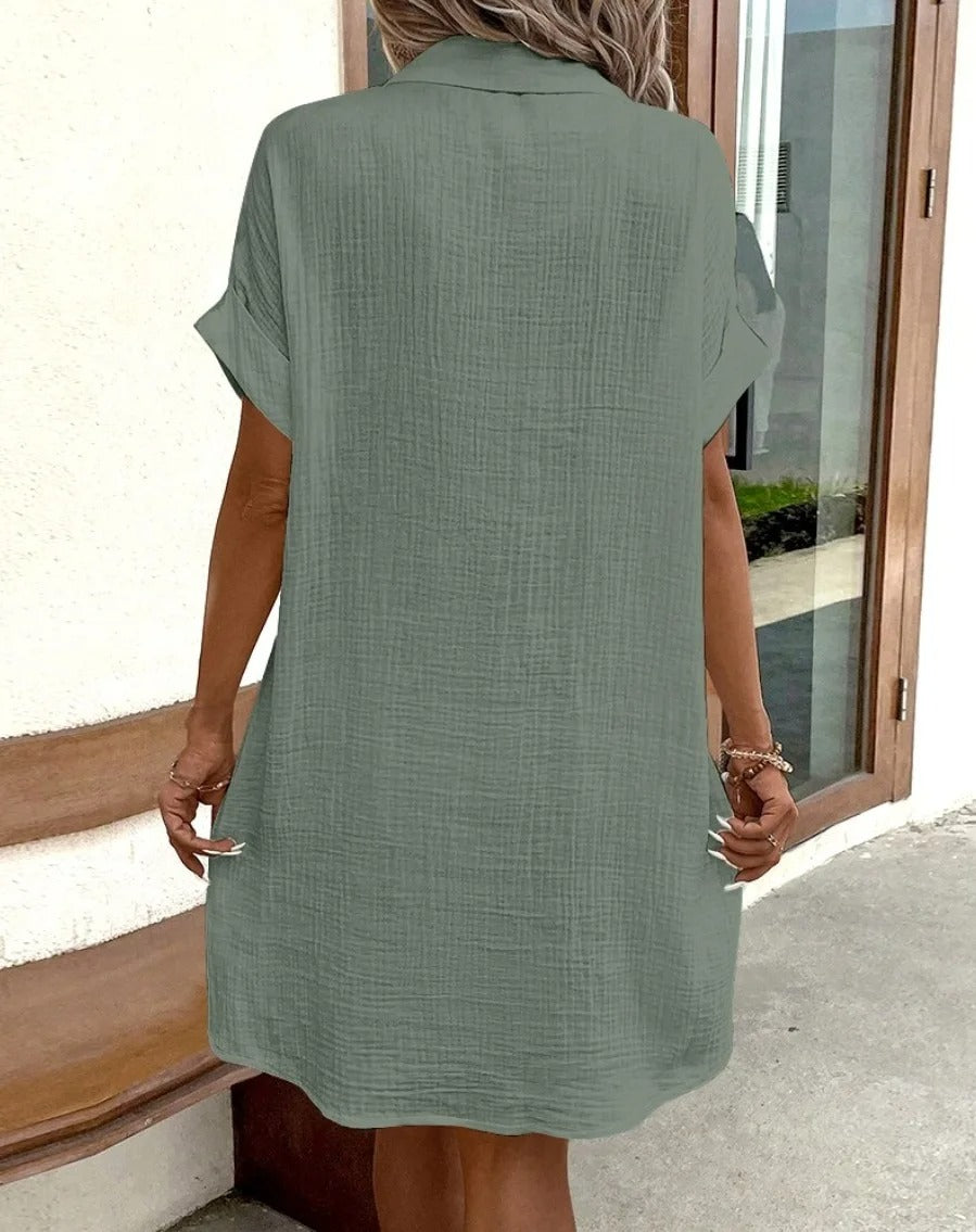 Women's Button Down Linen Short Sleeve Shirt Dress With Pockets