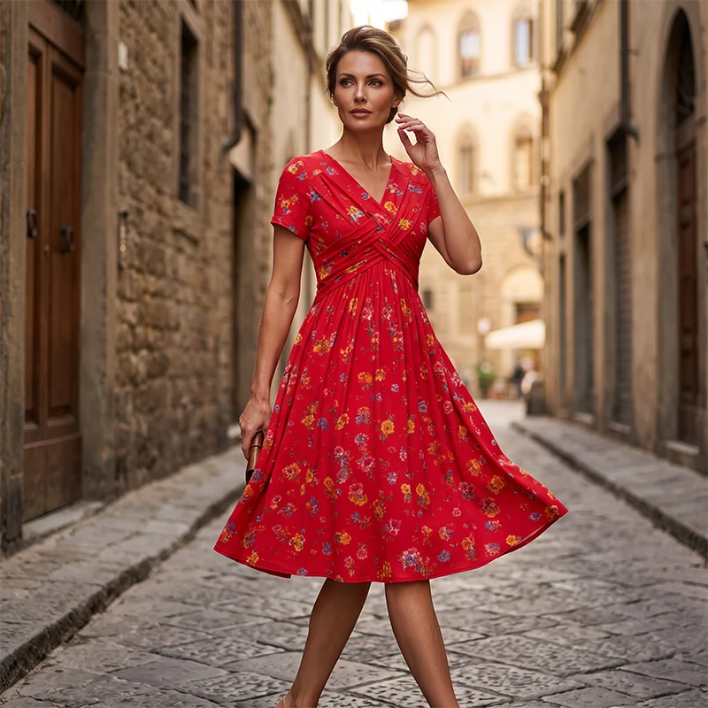 🔥Women's V-Neck Floral Print Dress with Twist Waist