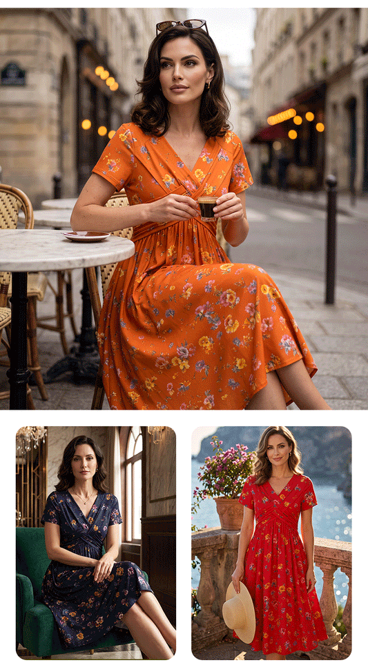 🔥Women's V-Neck Floral Print Dress with Twist Waist